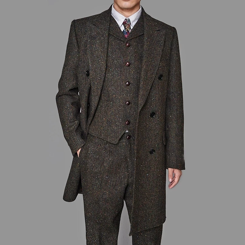 3-częściowe garnitury męskie Formalne jednorzędowe Slim Fit Tweedowa wełna w jodełkę Średni długi styl Drużba (marynarka + kamizelka + spodnie)