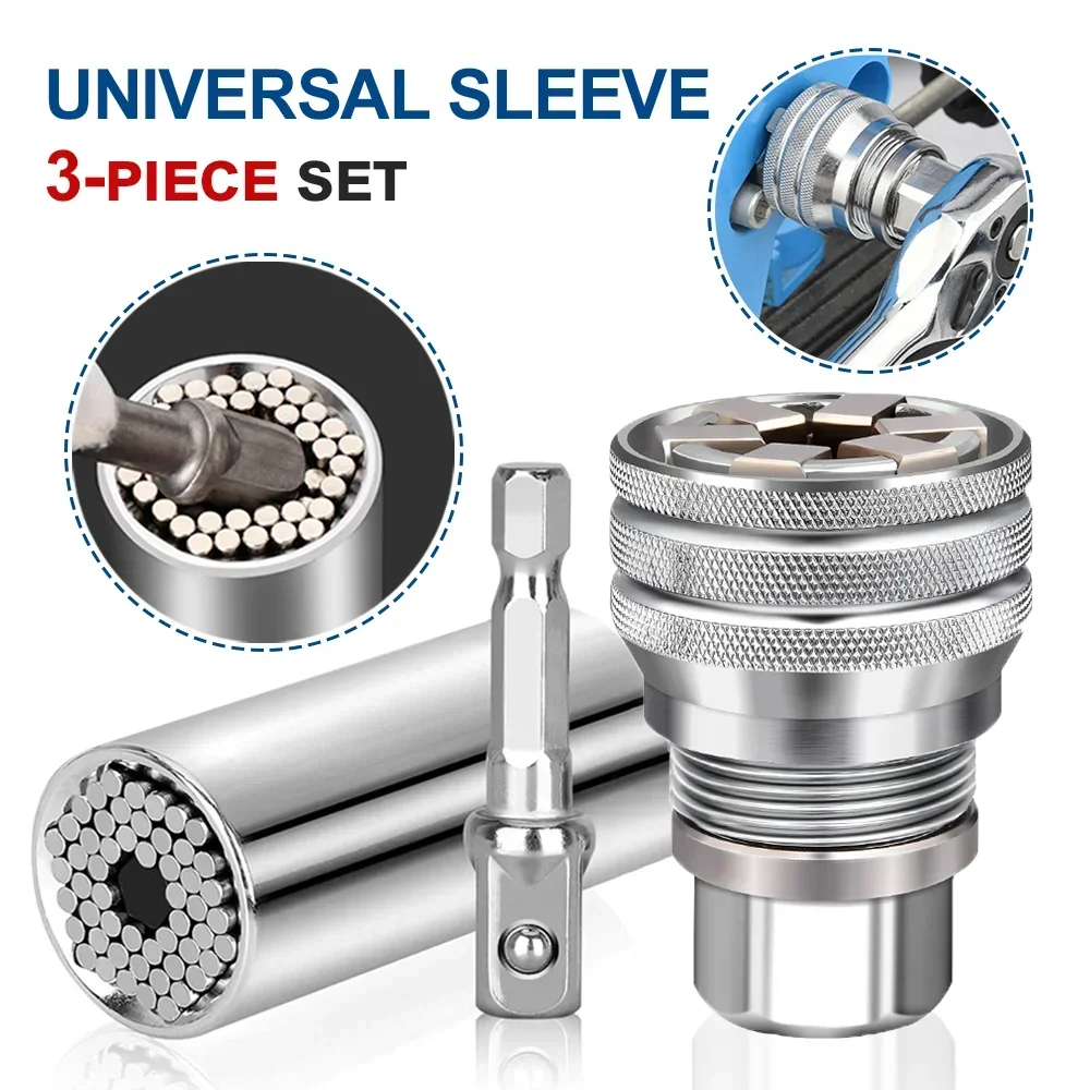 3Pcs Universal Sleeve Set All-Fitting Multi Drill Attachment Adjustable Hex Universal Socket 3/8