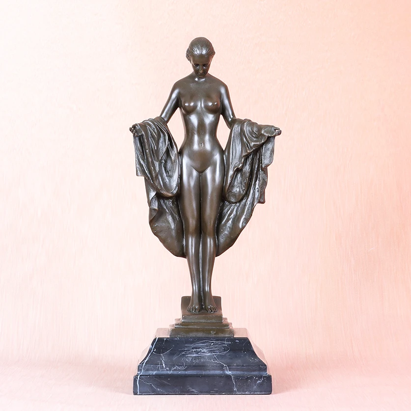 Bronze Nude Standing Woman Statue Western Sexy Naked Female Sculpture Marble Base Modern Art Bedroom Ornament