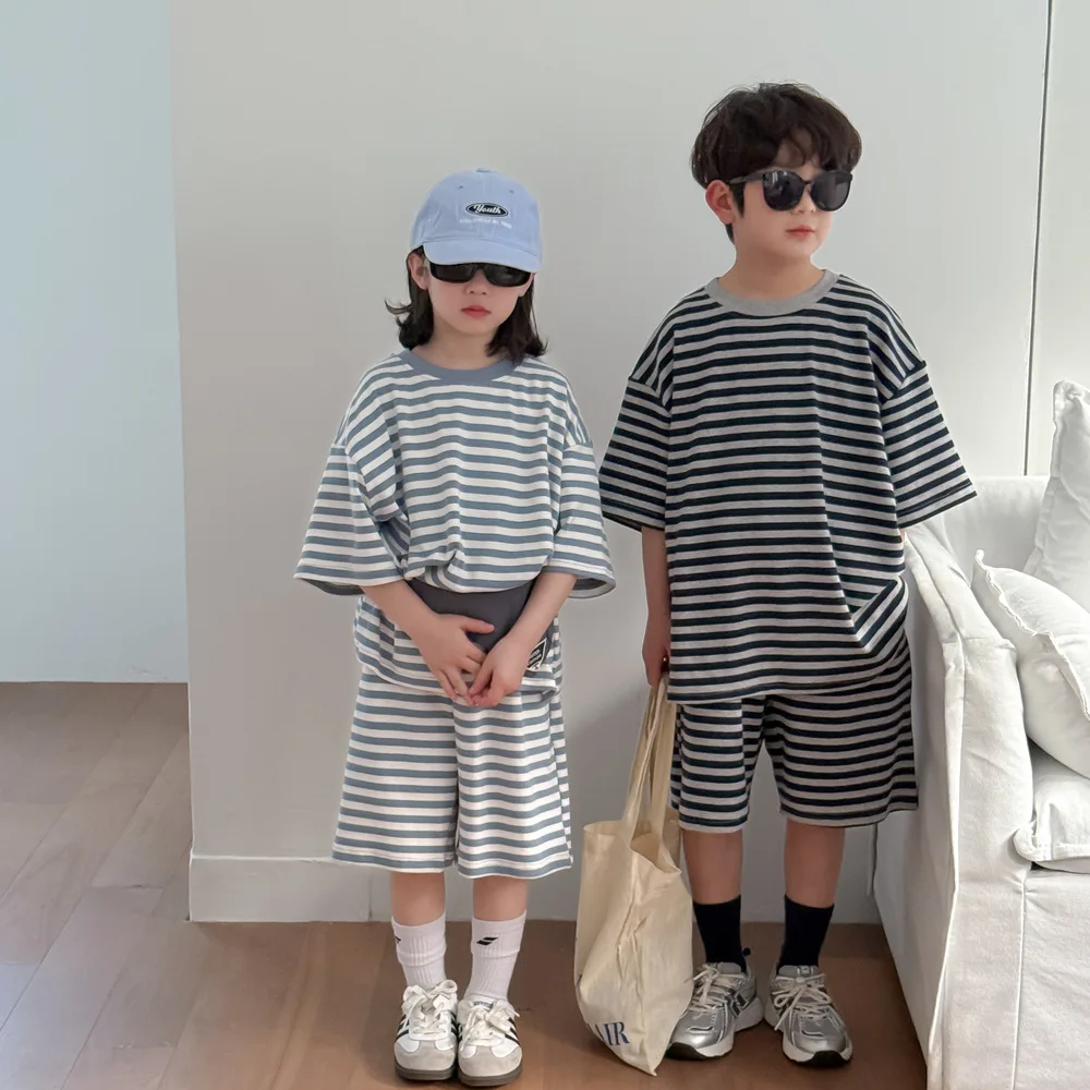 

Children Clothes Set 2025 Spring Boys and Girls Korean Style Striped Short-sleeved T Shirt Shorts Simple Casual Two-piece Set