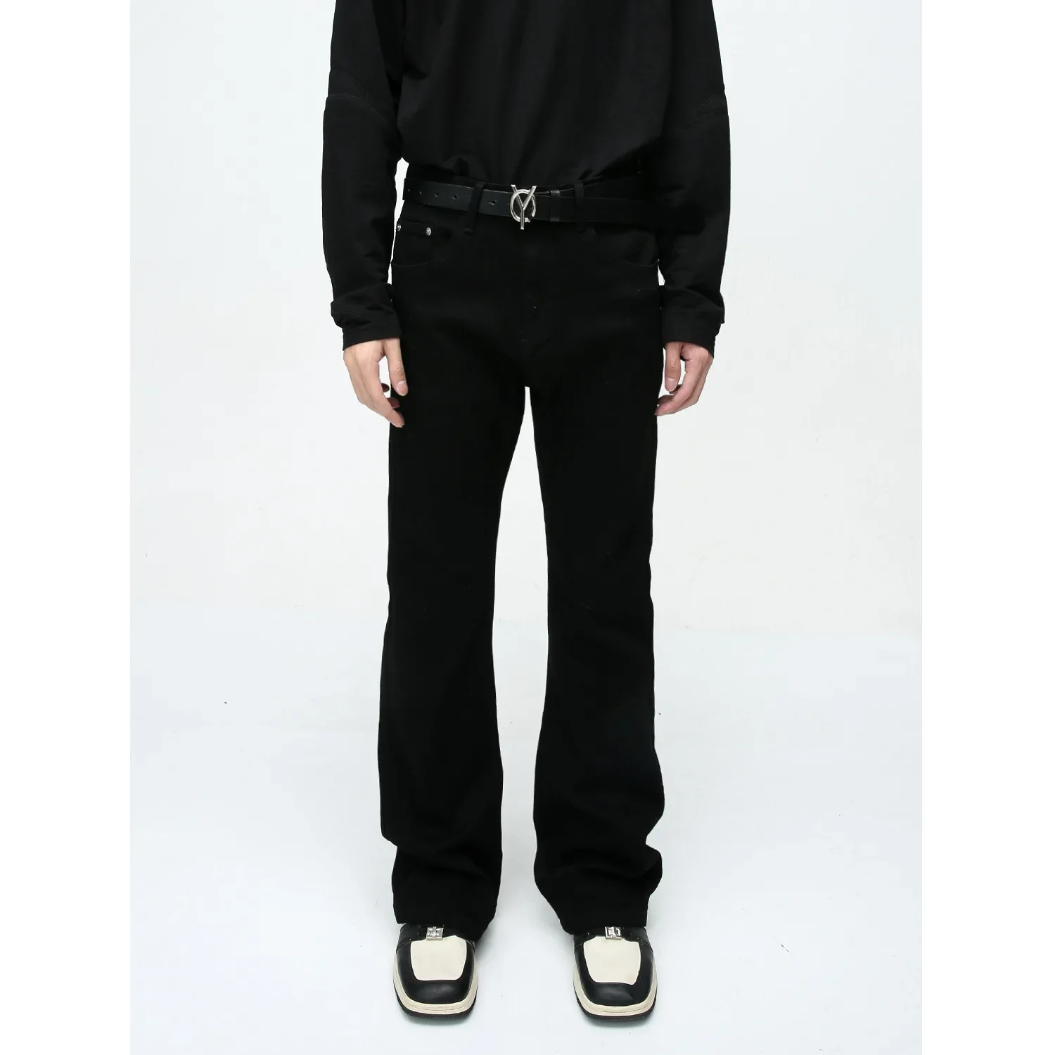 

Four Seasons Men's Black Solid Color Elastic Wide Leg Skinny Jeans Pants Casula Trendy Vintage Denim Trousers Male Streetwear