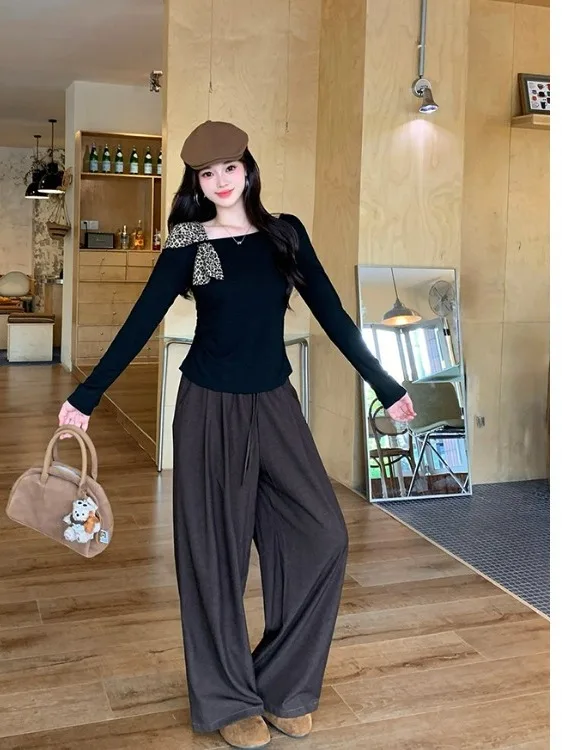 

plus Size Women's High Waist Leopard Print Long Sve T-irt Set Faionable Commute Sle Korean Fit Autumn Collection
