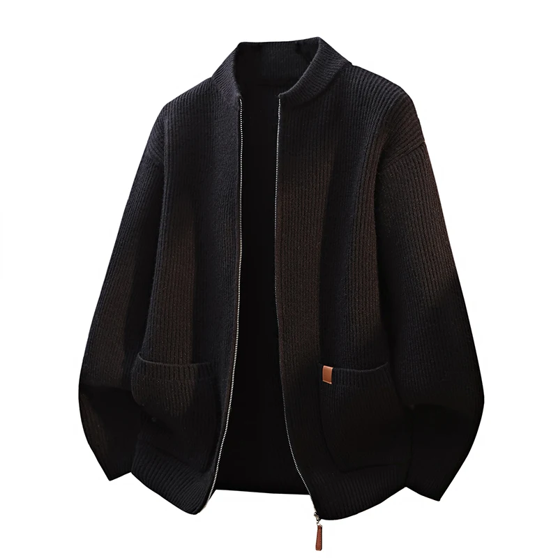 

Мужской вязаный кардиган на молнии, однотонный, с воротником-стойкой, теплый зимний повседневный свитер с длинным рукавом для мужчин