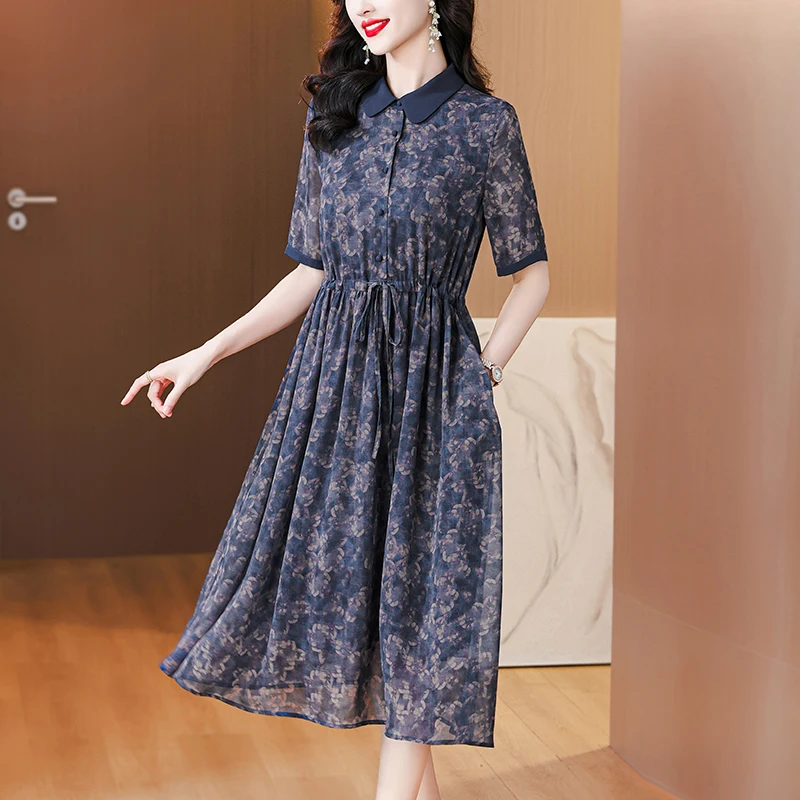 

2024 New Print Mulberry Silk Short Lace O-Neck Midi Dress Women Elegant Bodycon Casual Dress Summer Korean Vintage Party Dresses