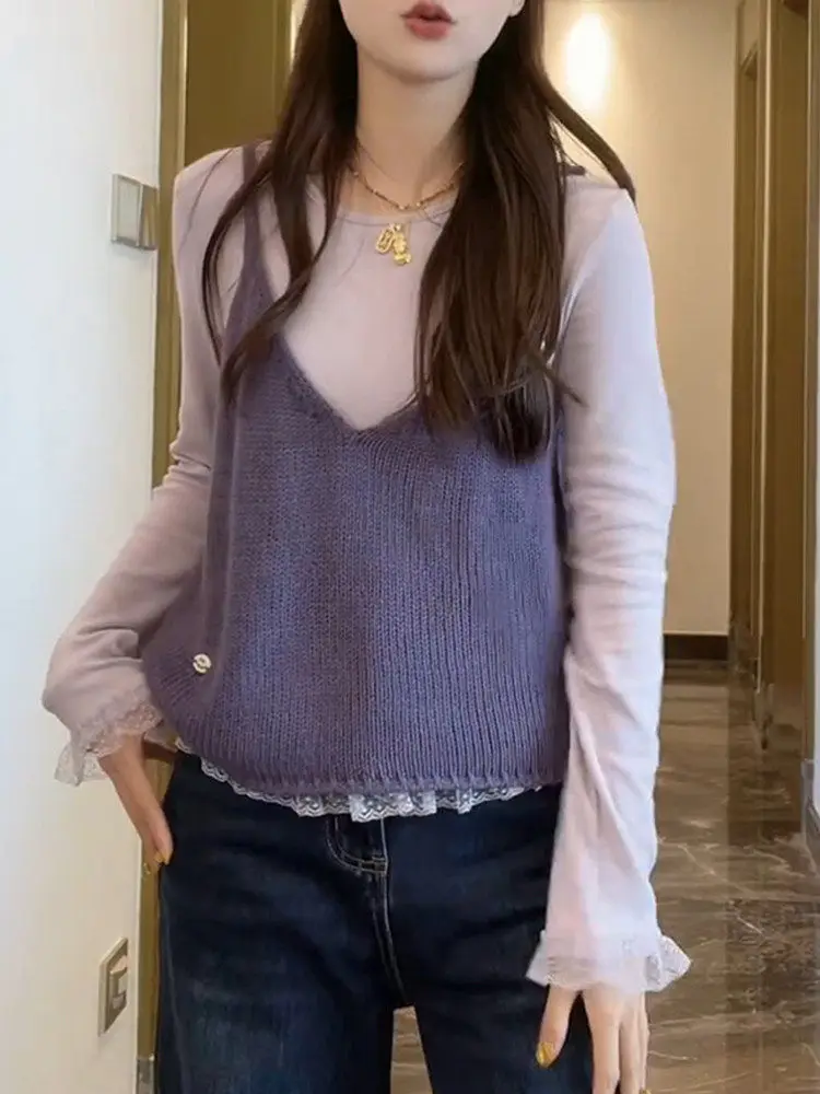 

Purple Knitted Tank Top Set Women's Early Spring Casual Loose Fit Long Sve round Ne Easy Wear Comfortable mid Weight