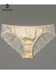 BirdTree 93%Real Silk Sexy Briefs, Women's Lace Low Waist, French Transparent Erotic Underwear, 2024 Spring Summer New P41952QC