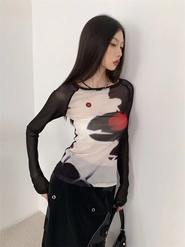 Sexy Print Mesh Langarm T Shirts Frauen Oansatz Slim Fit Transparent Dünne Tops Y2k Ästhetischen Streetwear Ropa Mujer