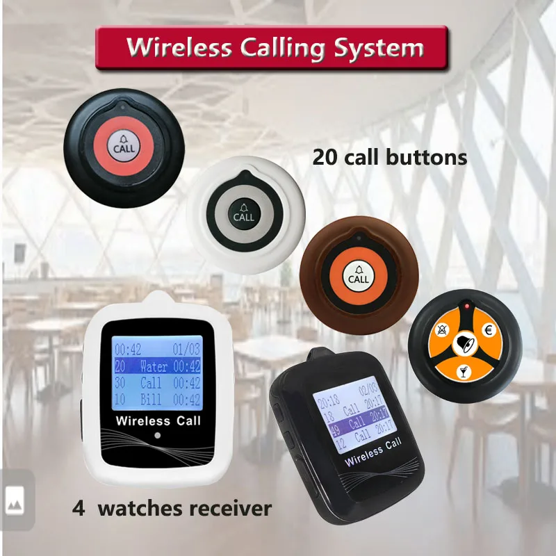 

QWICALL Wireless Restaurant Calling System 20 Call Button 4 Watch Receiver for Hospital Cafe, Bar Hotel Call Bell Pager