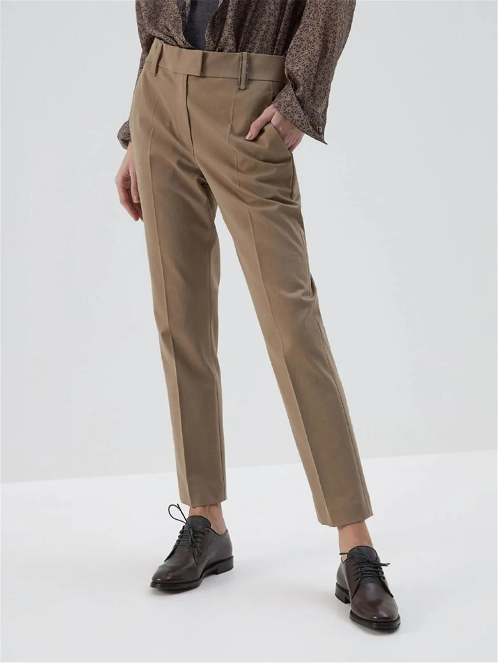 

Women's High Waist Casual Suit Trousers, Ankle-Length Pants, Cotton, 2024