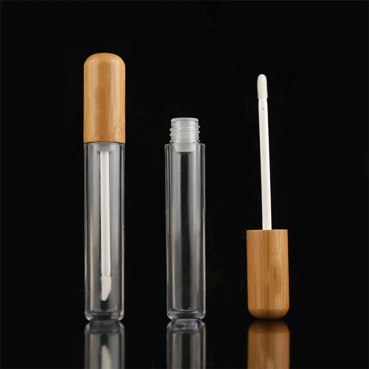 Custom Logo Bamboo Lid Tube Wholesale Lipgloss Bottles Lip Gloss Empty Lipstick Tubes 5ml Empty Clear Round Gloss Tubes Bottle