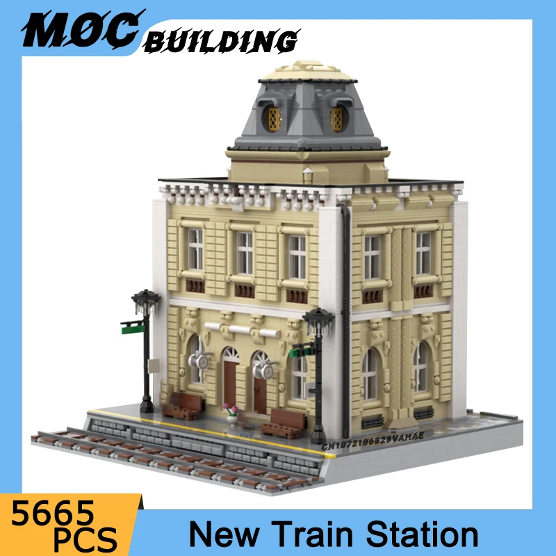 MOC Bouwstenen Stad Street View Architectuur Nieuwe Treinstation Model Modulaire Stad-thema Diorama's Montage Bricks Speelgoed Gift