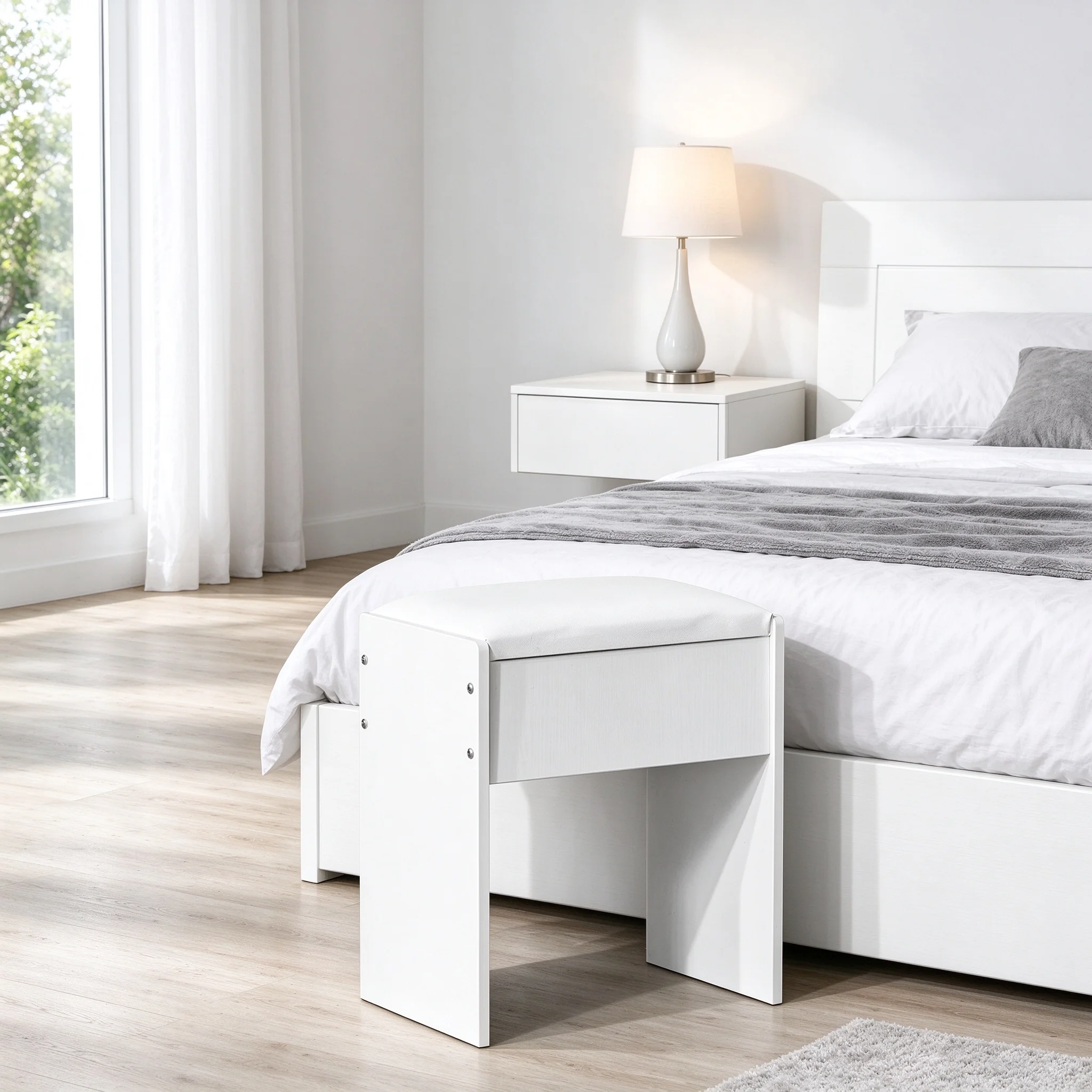 Modern White Dressing Table Stool PU Soft Padded Vanity Bench Bedroom Makeup Chair
