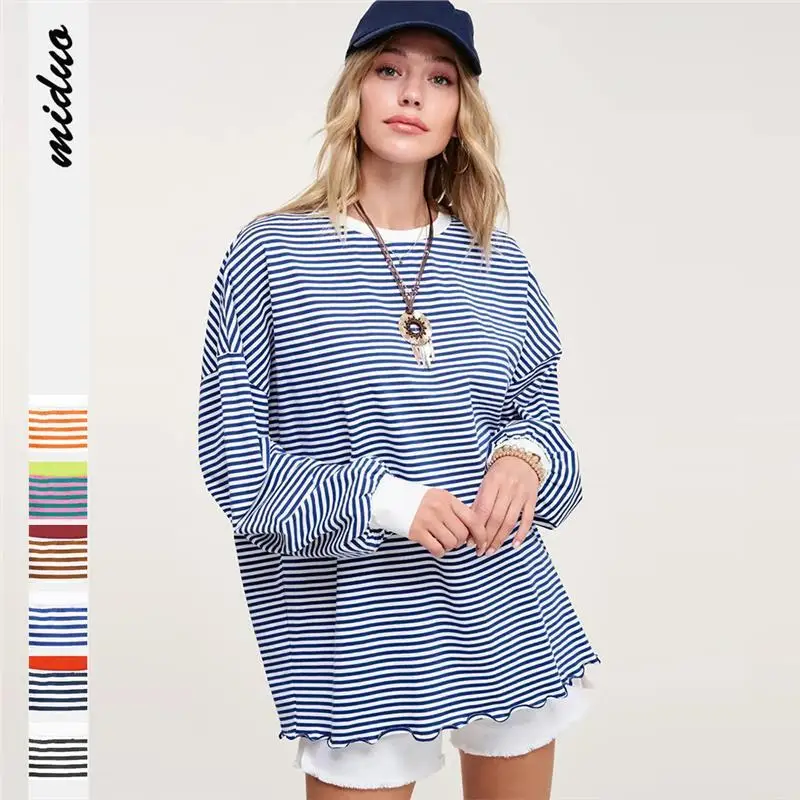 

Loose round Ne Long Sve Striped T-irt Women's Autumn New Sle Comfortable Casual Sweatirt Independent Station Cross...