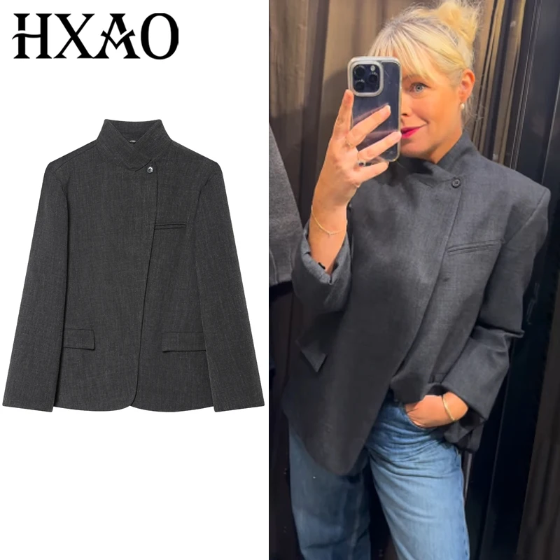 

HXAO Asymmetric Dark Grey Outerwears Women's Blazer 2025 Office Wear Woman Crop Long Sleeve Fitted Suit Chic Casual Blazer Mujer