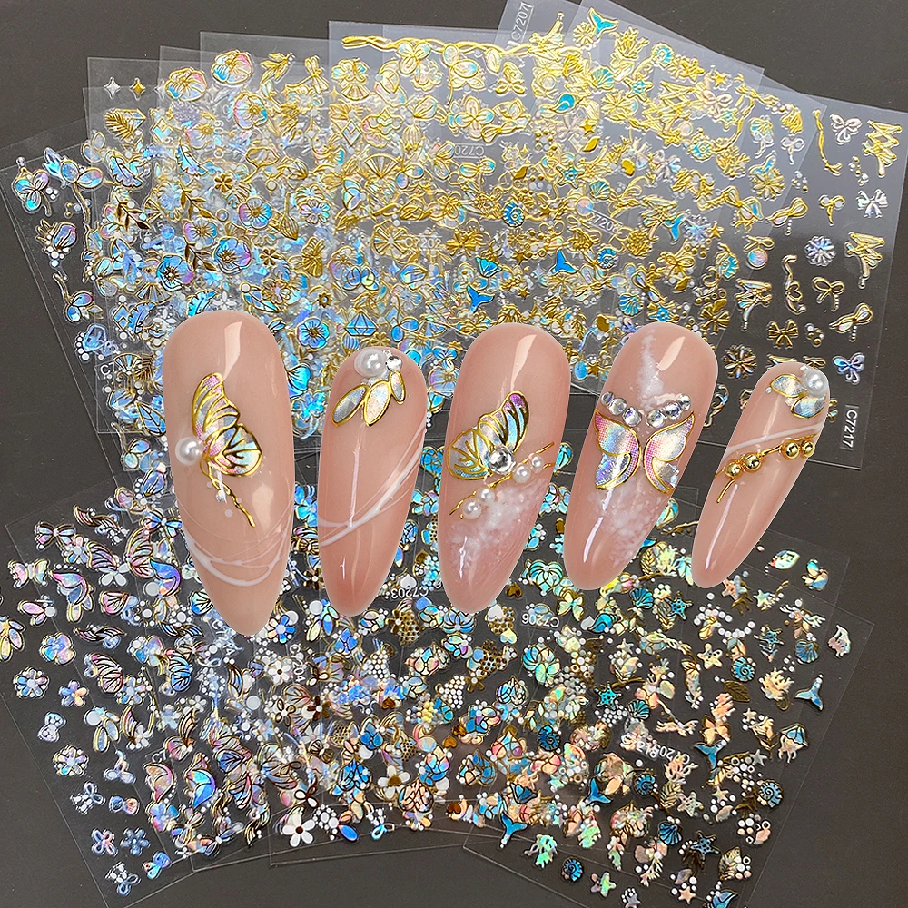 20Pcs Holographic Butterfly Nail Sticker Laser Gold & Sliver Butterfly Adhesive Decal 8.5x6cm 3D Glitter Foil DIY Manicure Decor