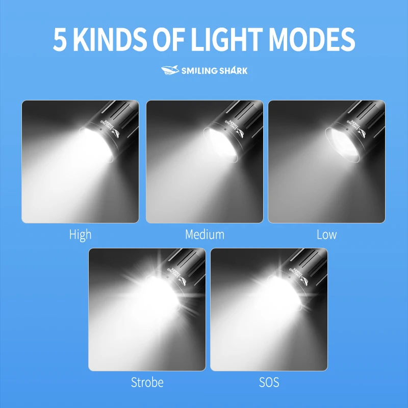 1pc sorridente tubarão SD-7015 lanterna led, lanterna portátil super brilhante, luz de flash de longa duração recarregável para ao ar livre