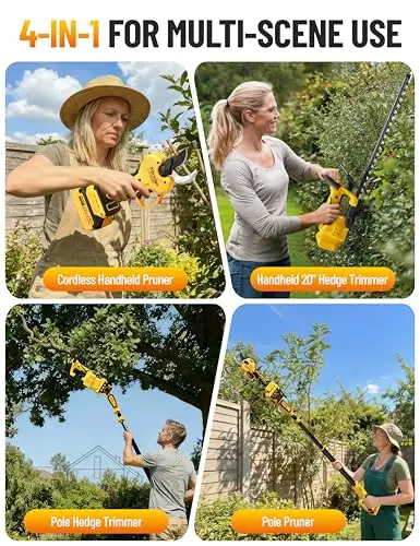 4-IN-1 Electric Pruning Shears+Pole Hedge Trimmer Combo, Hedge and Grass Trimmer Cordless & Tree Pruner with Extension Pole