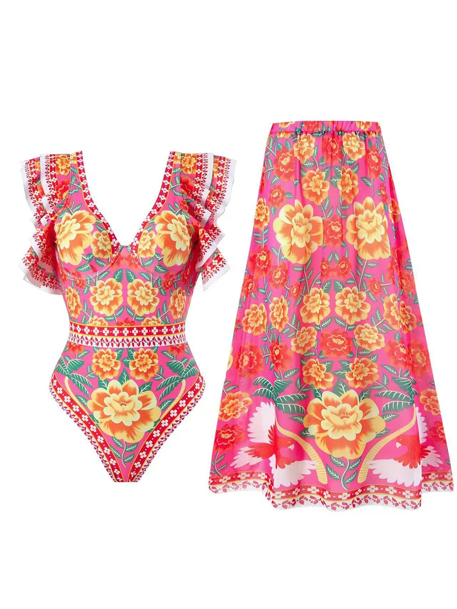 

2025 цельный купальник с рюшами и длинная юбка, мягкий сексуальный купальник, женский купальный костюм, женский купальный костюм, летняя пляжная одежда, боди