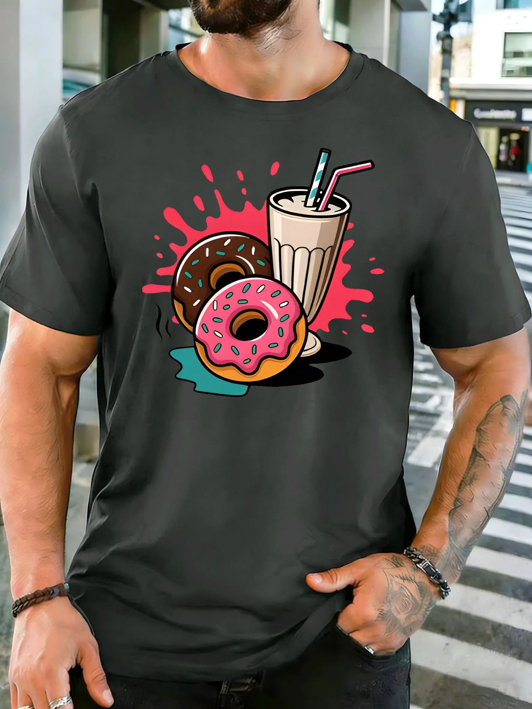 Colorful Donuts And Milkshake Mens Front Print T Shirt Sweet Dessert Graphic Tee Casual Short Sleeve Top Food Lover Gift