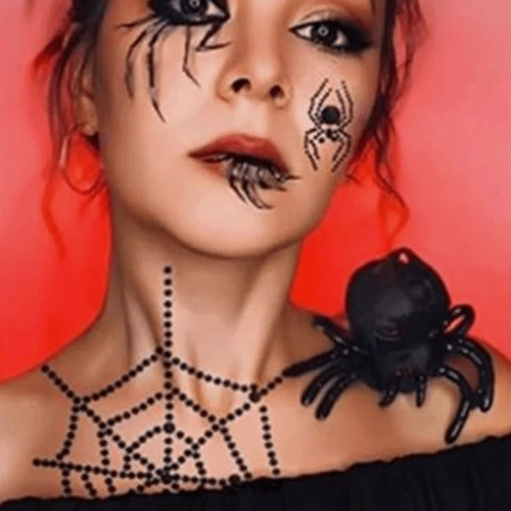 3D Halloween Temporary Tattoos Black Spider-themed Spider Face Gems Tattoos Shiny Waterproof Halloween Face Rhinestone Sticker