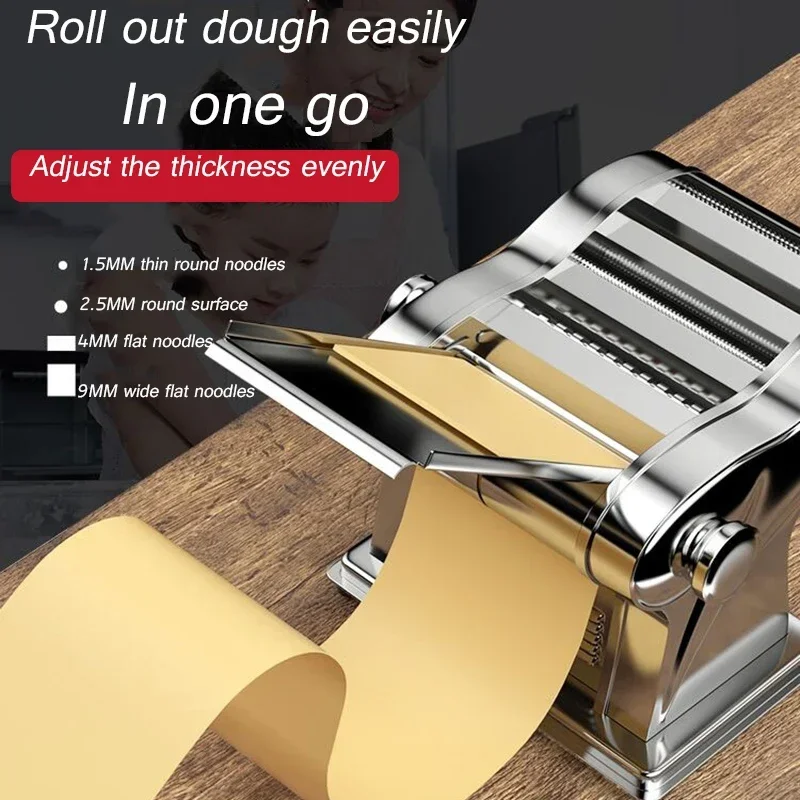 Manual Stainless Steel Pasta Maker with Adjustable Thickness, Fresh Noodle & Dough Sheet Cutter