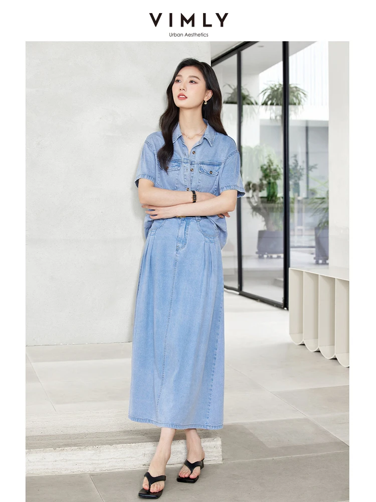 VIMLY Women Vintage Washed Lycra Denim Skirt Set Lapel Pocket Short Sleeve Cardigan Shirt Top+High Waist Skirts 2 Piece Set