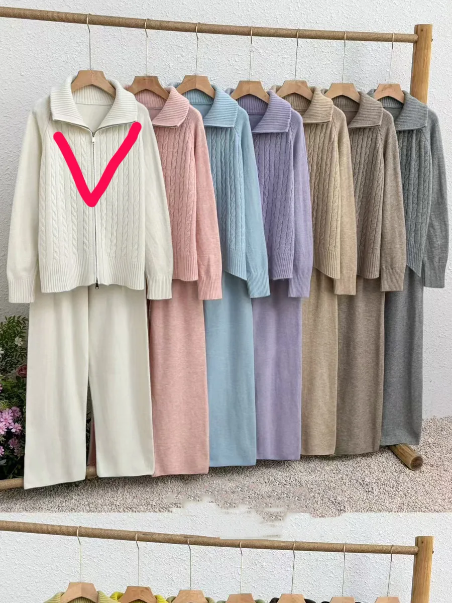 투피스 여성 니트 팬츠 세트 매칭 세트 캐주얼 지퍼 턴다운 칼라 스웨터 Y2K 와이드 레그 팬츠 루즈핏 2025 가을