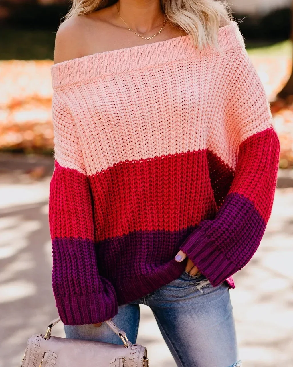 Off Shoulder Knit Sweaters Color Block Women Fashion Casual Pullovers Female Long Sleeve Tops Ladies Clothes Autumn Winter