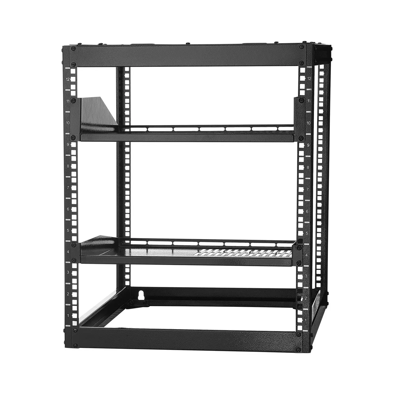 12U Open Frame Network Rack, 23 in Depth, Wall Mounted or Floor Standing Server, Heavy Duty 4 Post, with Vented Shelves