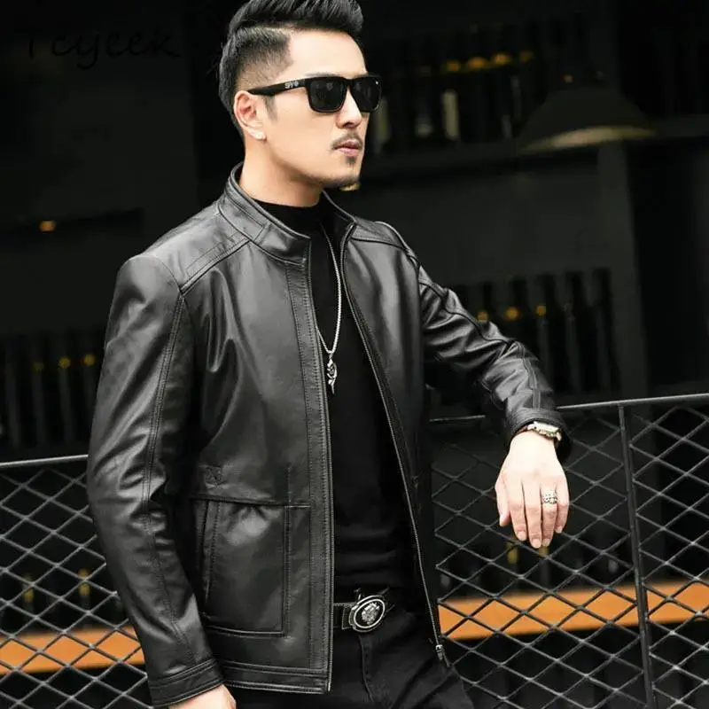 Tcyeek الطبقة العليا جلد البقر ربيع الخريف النسخة الكورية من الوقوف طوق قصيرة الرجال سترة جلدية حقيقية Jaquetas Masculino