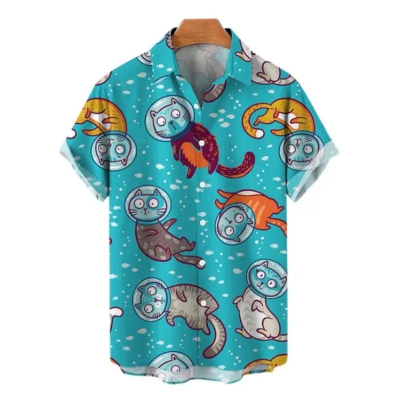 Hawaiiaans Oversized Heren Shirt Cartoon Kat Vogel Patroon Bloemenprint Sociale Mannen Graffiti Kleding Vintage Harajuku Nieuwe Zomer