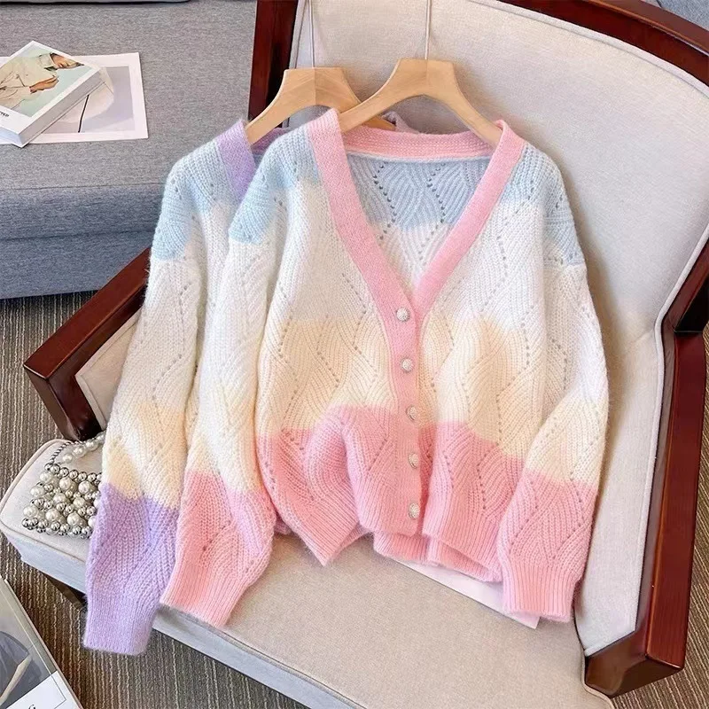 

Korean Version Autumn and Winter Sweet Knitted Cardigan Rainbow Stripe Color Blocked Hollow V-neck Loose Top Sweater