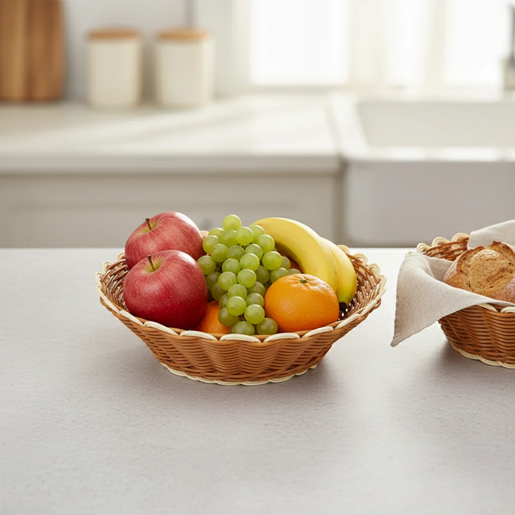 Round Handwoven Storage Basket Fruit Bread Vegetable Drainer Natural Material Multi Functional Kitchen Home