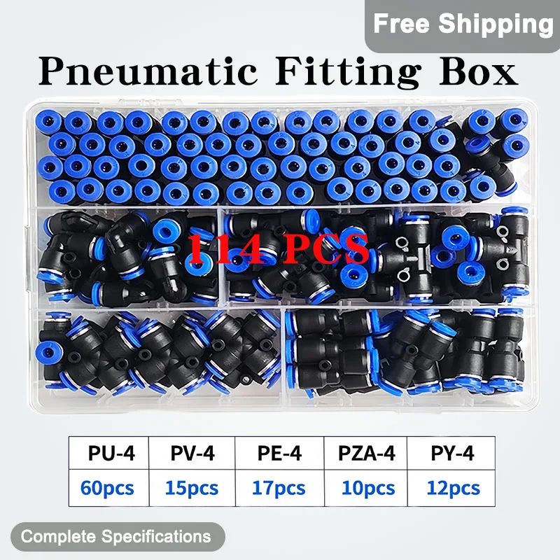 114PCS Pneumatic Fitting Box PU-4/PE-4/PZA-4/PY-4/PV-4/PG-4 Outer Diameter 4mm For Air water Hose Tube Push In Gas Quick Fitting