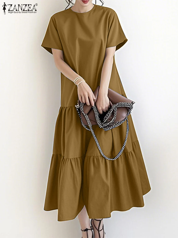 Zanzea feminino casual em camadas maxi vestidos 2025 verão o-pescoço manga curta a linha robes femme férias moda sólida vestidos