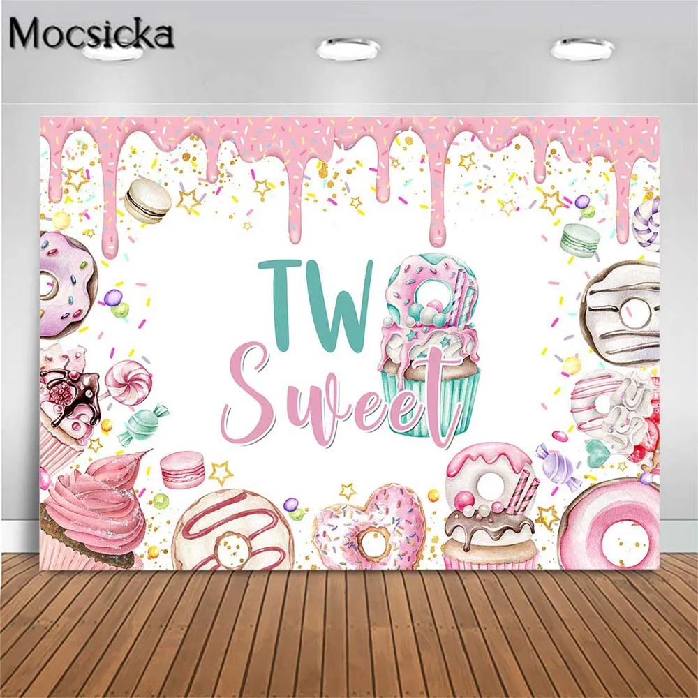 

Mocsicka Two Sweet Birthday Party Backdrop Girl 2nd Birthday Cup Cake Donut Candy Background for Photography Dessert Table Decor