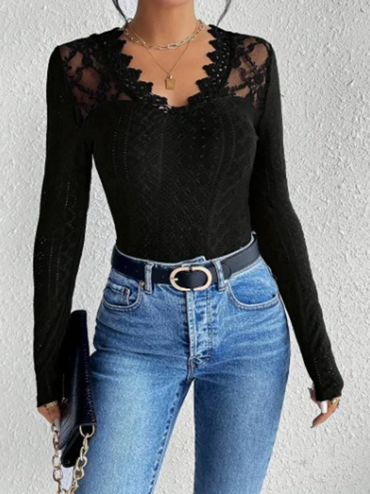 

Lace Hollow Out V-neck Fashion Women Sexy Slim Shirts Solid Color Long Sleeve Jacquard Weave Blouse 2024 New Soft Women Shirts