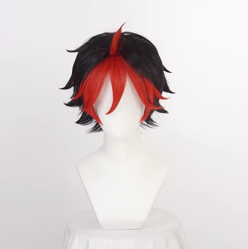 Crow Guren-Peluca de Cosplay con flequillo corto negro y rojo mezclado, pelo sintético resistente al calor, fiesta de Halloween, gorro de peluca