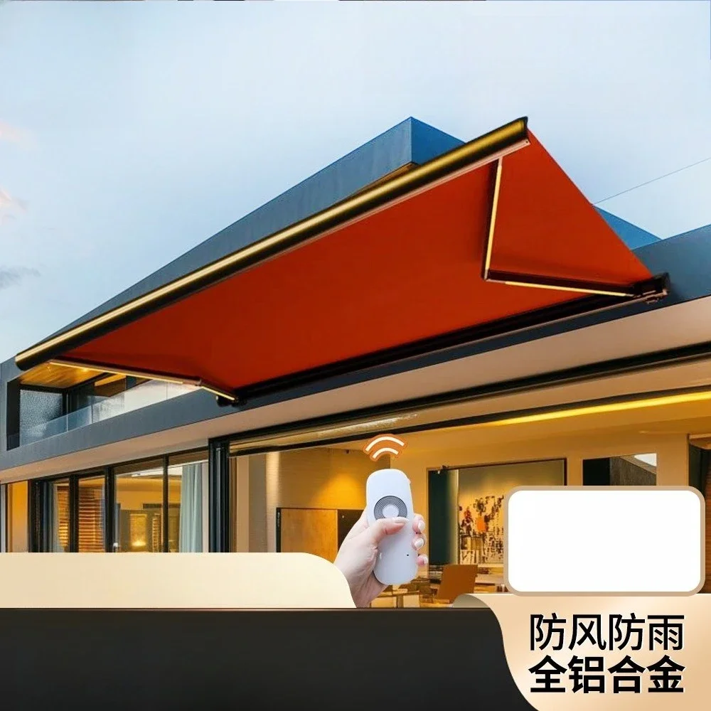 Curved arm awning, retractable electric hand-cranked folding tarpaulin, balcony courtyard façade