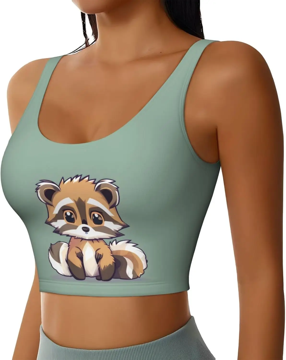 حمالات صدر رياضية بطبعة الراكون اللطيفة على شكل رسوم متحركة للنساء، قمصان للتمرين مع حمالة صدر مدمجة للأنشطة ذات التأثير العالي
