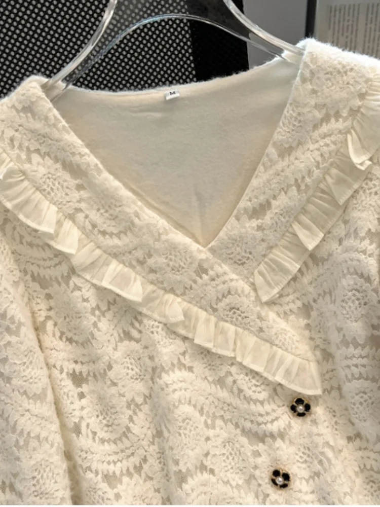 Sweet Lace irt Dames Lange Sve V-ne Fce Gevoerd Herfst Winter Warm Basislaag Ontwerp Unieke Top Jeugdige Sle