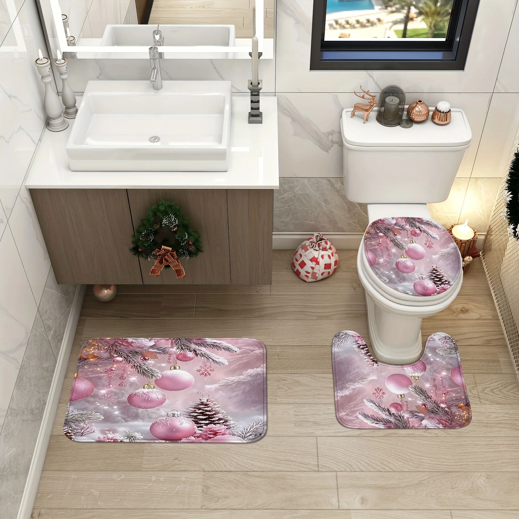 4PCS Merry Christmas Shower Set – Ball & Holly Pink Print 12 Hooks Non-Slip Mat U-Seat Cover Holiday Bathroom Decor