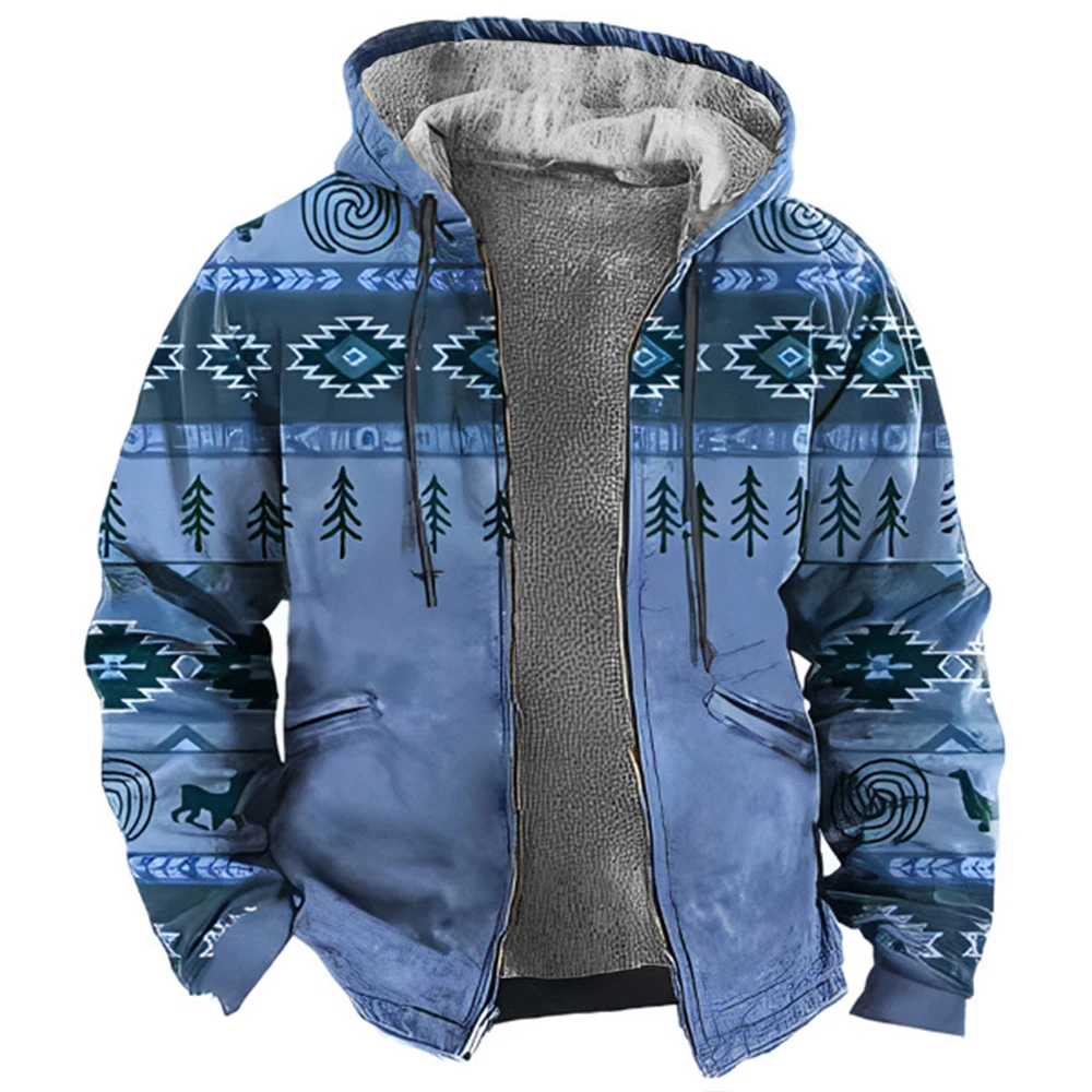 Men's Winter Jacket Vintage Fleece Male Coat Warm Hoodies For Men Tribal Traditional Print Holiday Outerwear Casaco Masculino