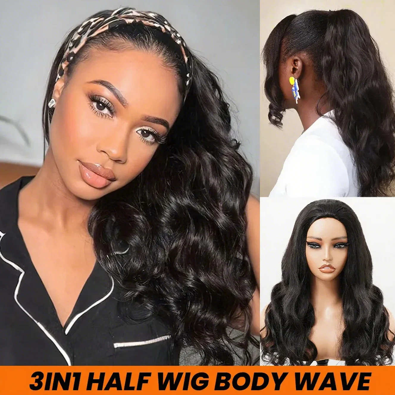 3 in 1ハーフウィッグ、ボディウェーブ人毛ウィッグ、フルマシンメイドウィッグ、自然な生え際、初心者向けフリップオーバーハーフウィッグ