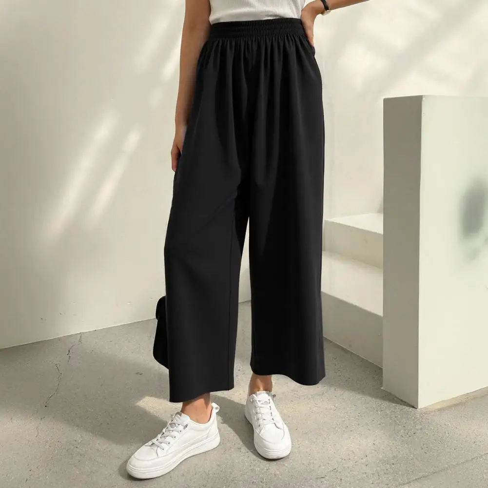 Women Cropped Pants Elastic High Waist Solid Color Wide Leg Trousers with Pockets Summer Thin Casual Pants Cropped Trousers