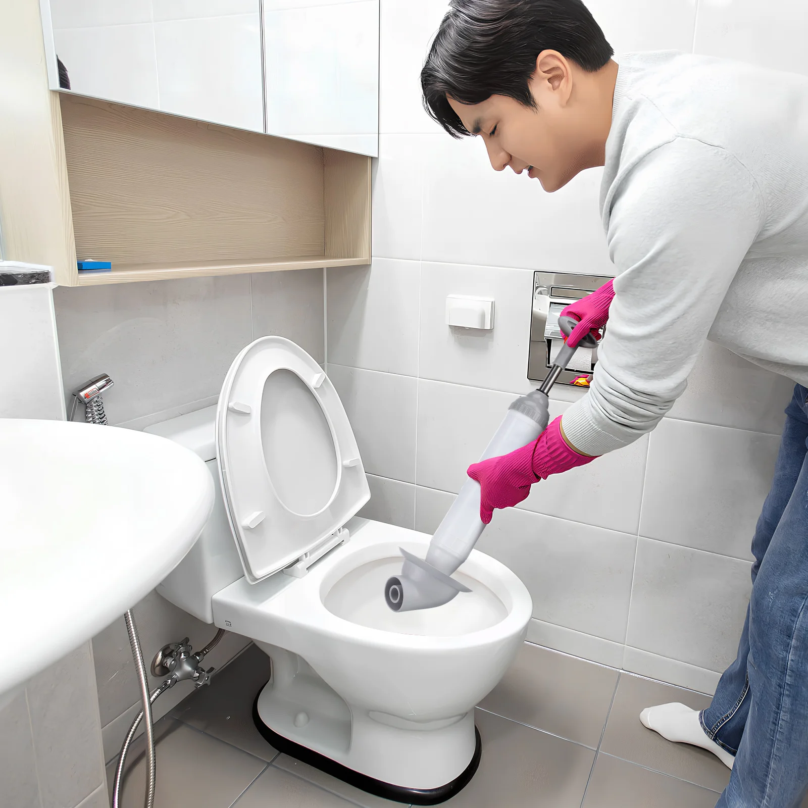 

High Pressure Toilet Plunger Heavy Duty Clog Remover Stainless Steel Rod Versatile Usage Sinks Toilets Bathtubs Floor Drains