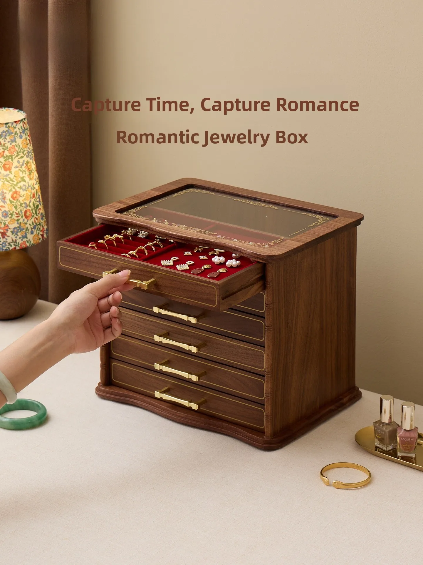 

Шкатулка для украшений Fanhuan из орехового дерева, подарочная коробка для хранения аксессуаров на свадьбу или День святого Валентина, золотистая, деревянная