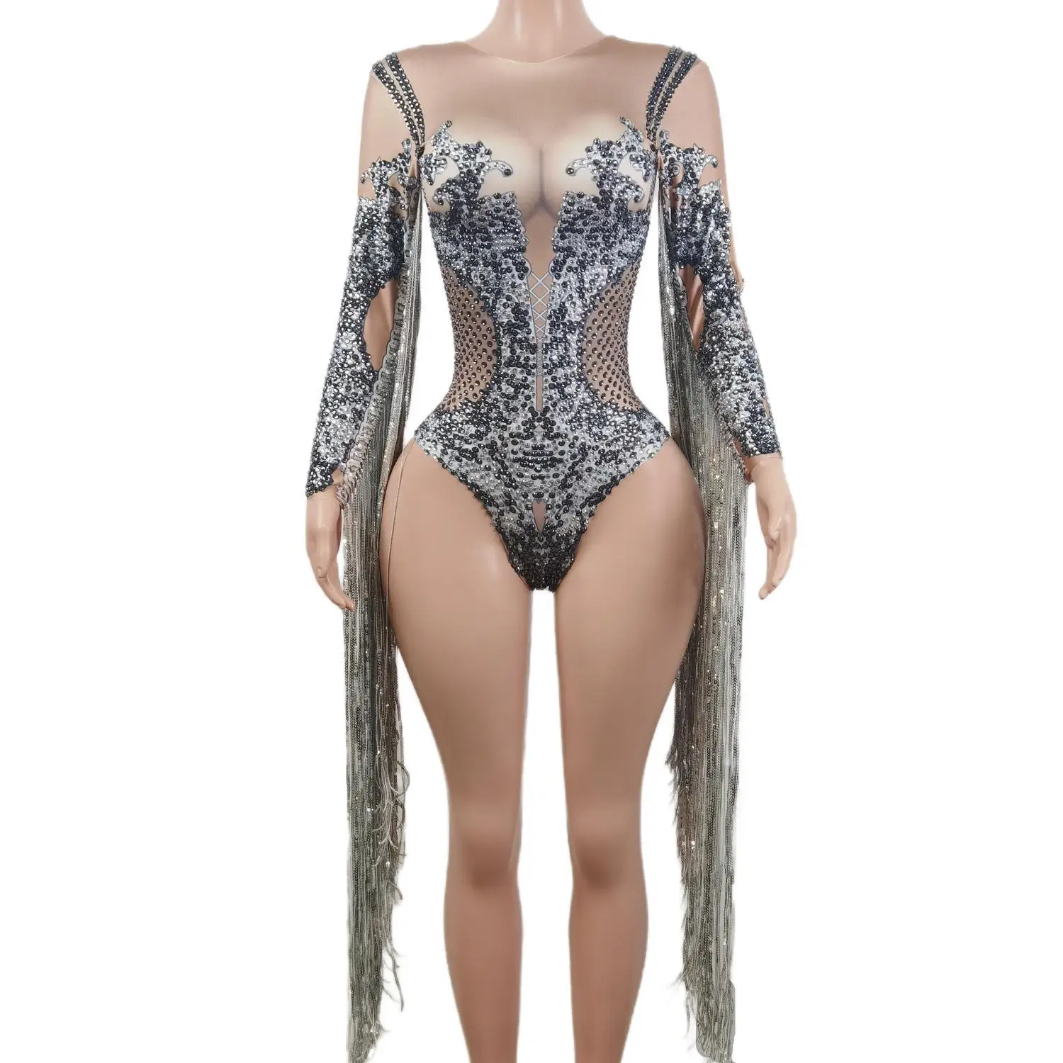 Sexy Kwastje Rhinestone Stage Bodysuit Vrouwen Nachtclub Crystal Stretch Skinny Bodysuit Pole Pomper Turnpakje Vrouw X2104001