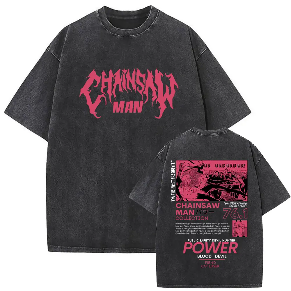 Washed Vintage Anime Chainsaw Man Himeno Graphic T-shirt Men Women Casual Cotton Retro T Shirts Men's Cartoon Oversized T-shirts