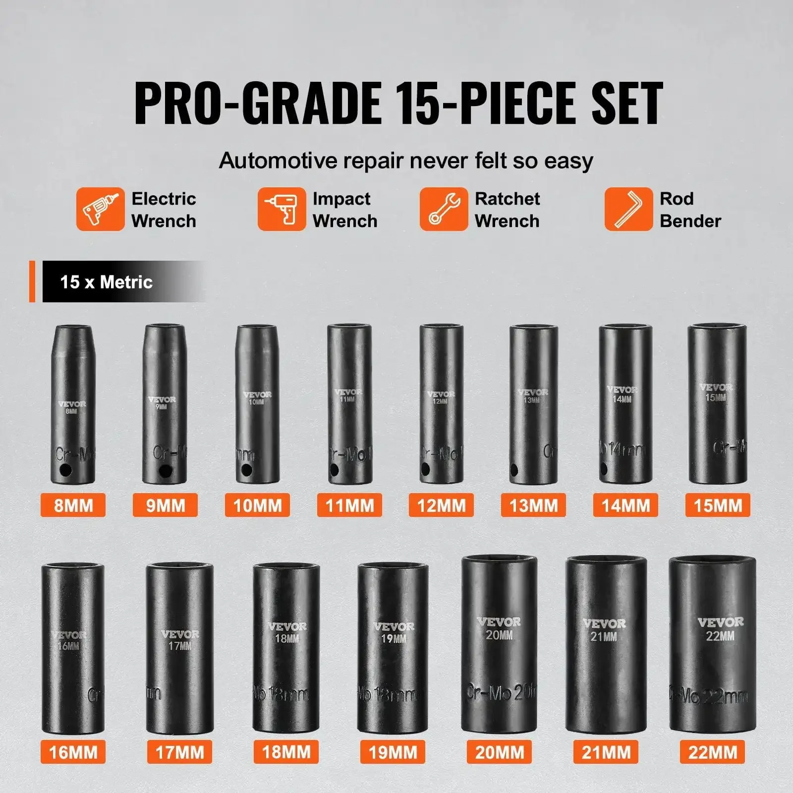 Impact Sockets Set 15pcs 6-Point 3/8in Drive Bit Ratchet Tool Kit Case